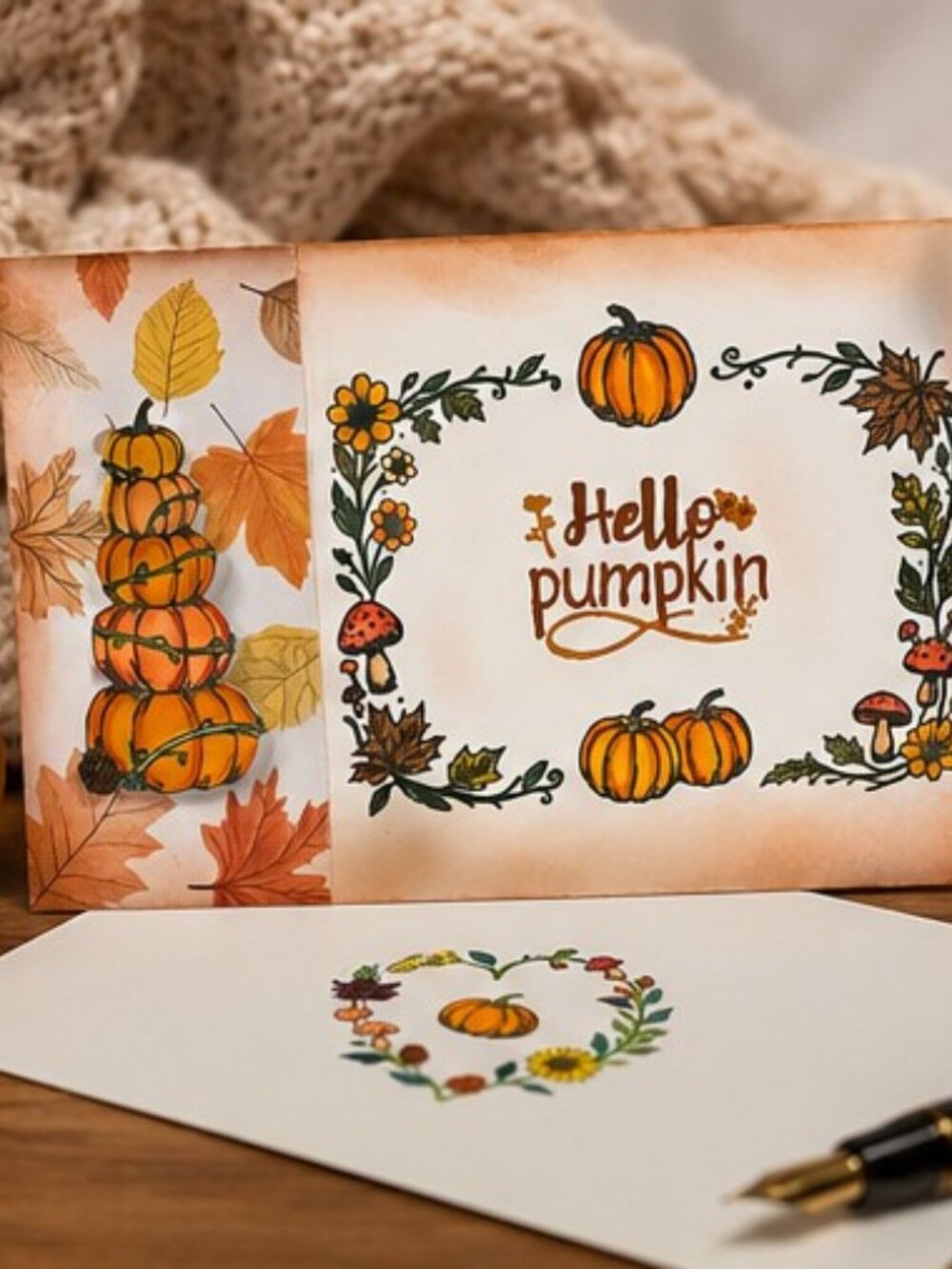 Hello Pumpkin Fall Greeting Card with Envelope | Thanksgiving Halloween Autumn